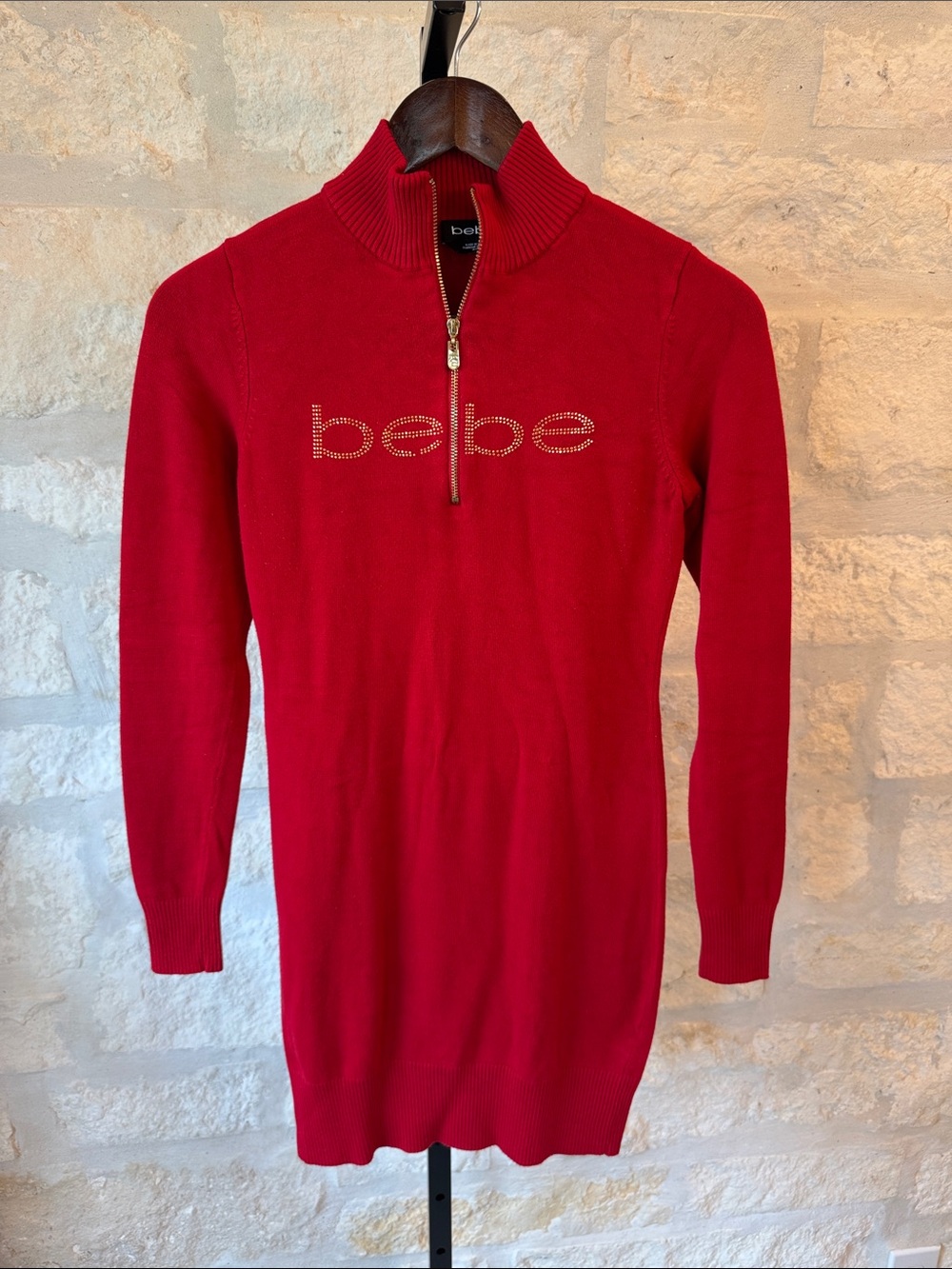 bebe Red Half-Zip Rhinestone Logo Sweater